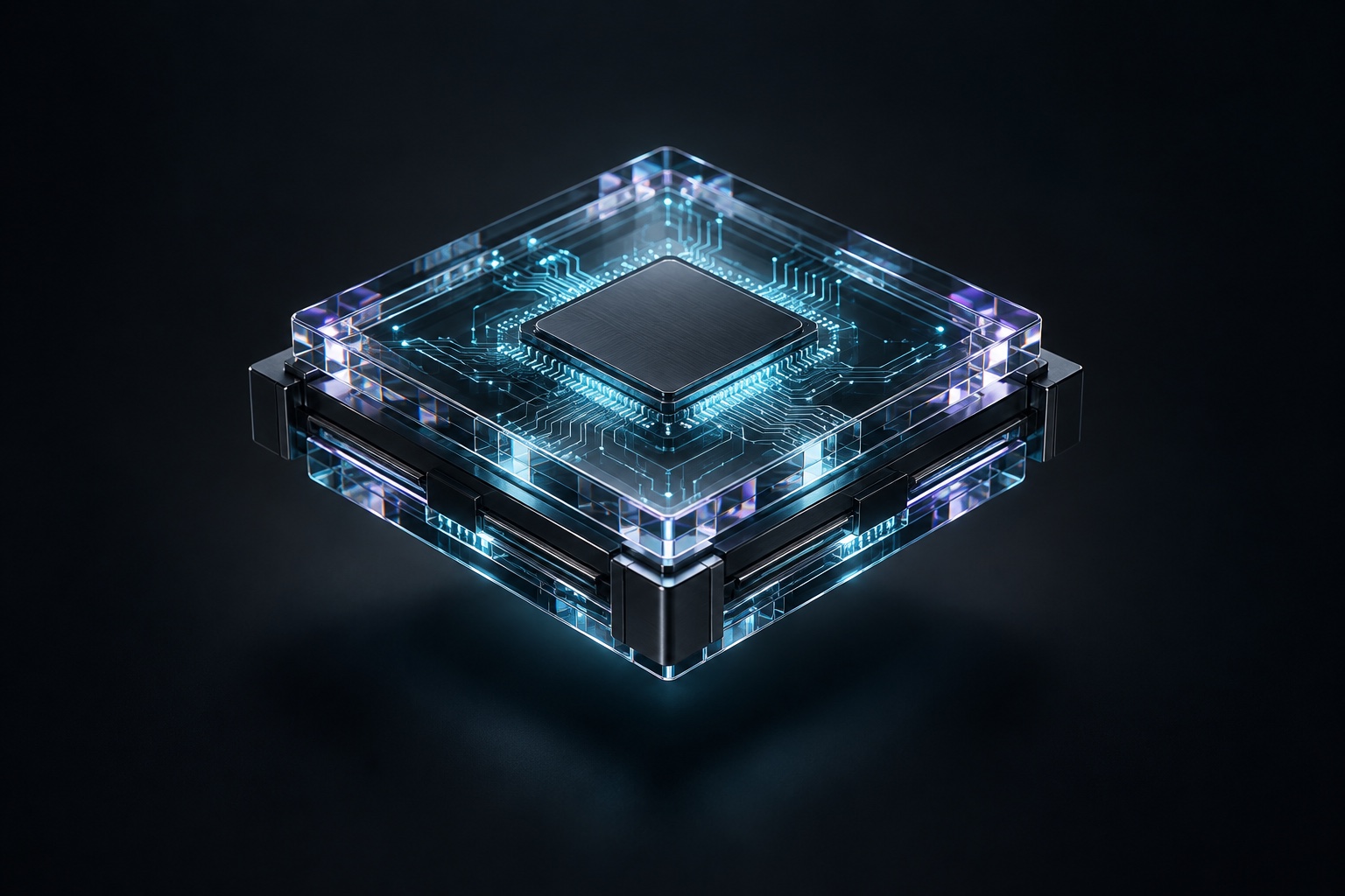A luminous glass processor with cyan circuitry